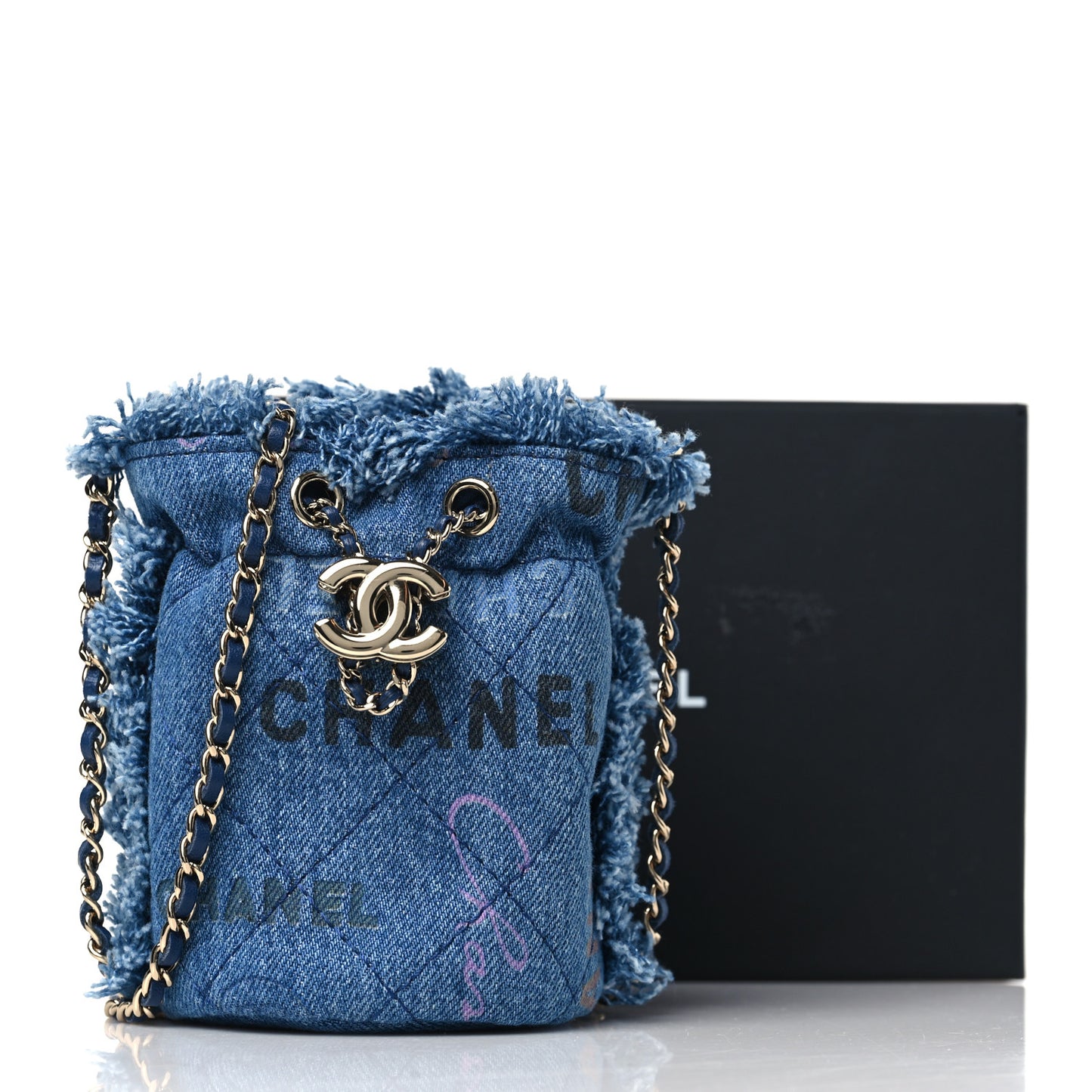 Denim Quilted Mood Mini Bucket With Chain Blue Multicolor