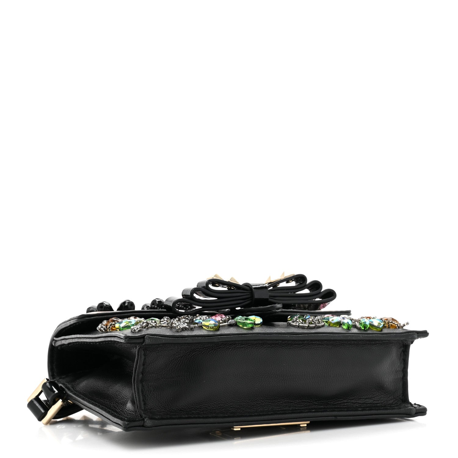 Valentino Garavani Calfskin Beaded Crystal Rockstud Bow Wristlet Clutch Black Poudre 4 of 14