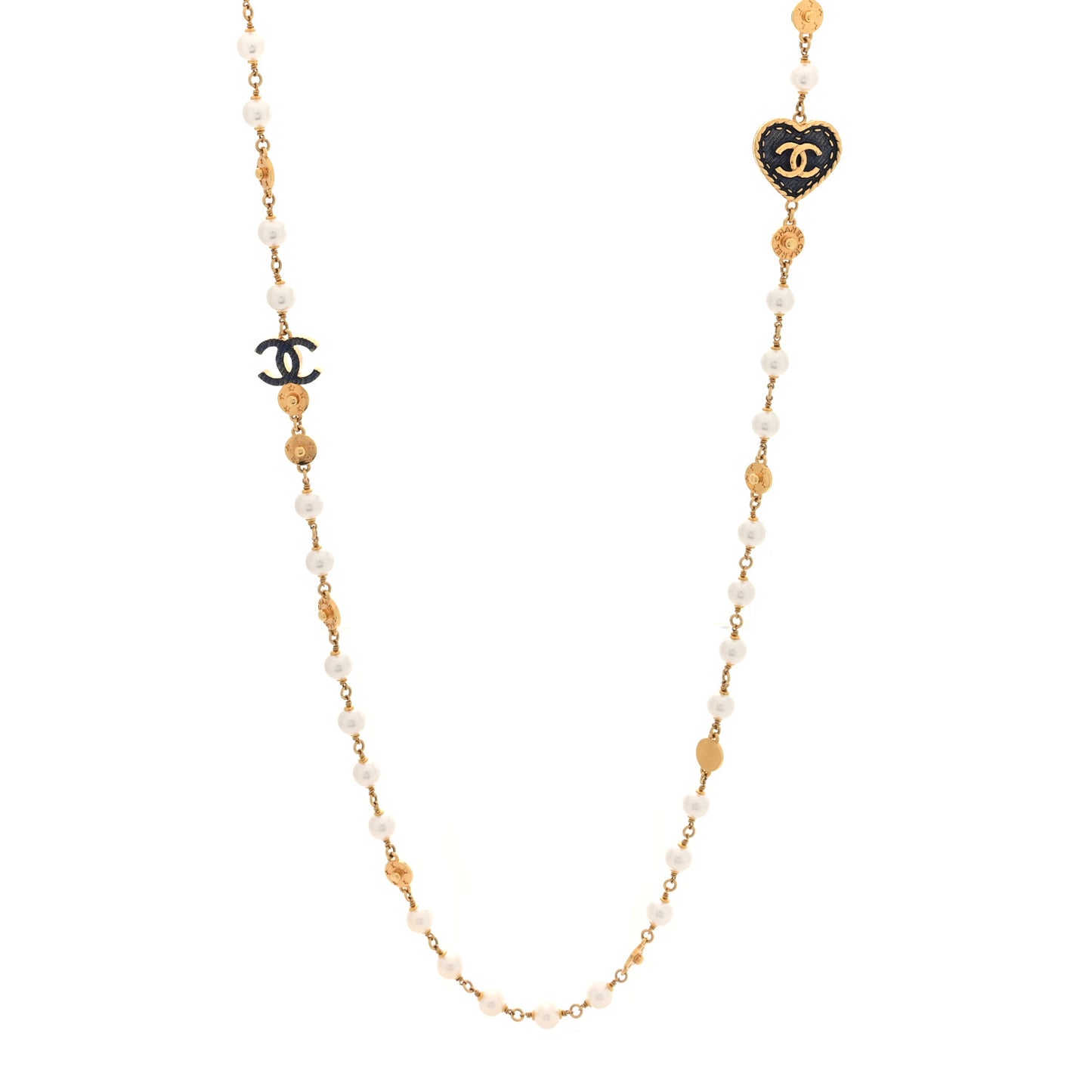 Metal Enamel CC Denim Heart Long Necklace Gold Black White