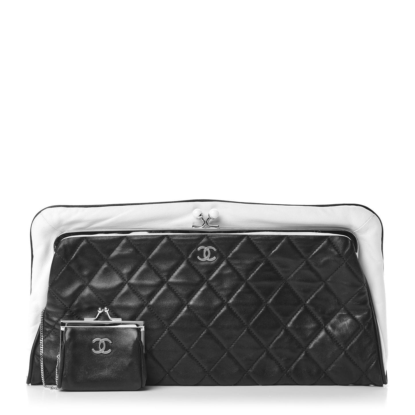 Lambskin Quilted Pearl Kiss Lock Clutch Black White