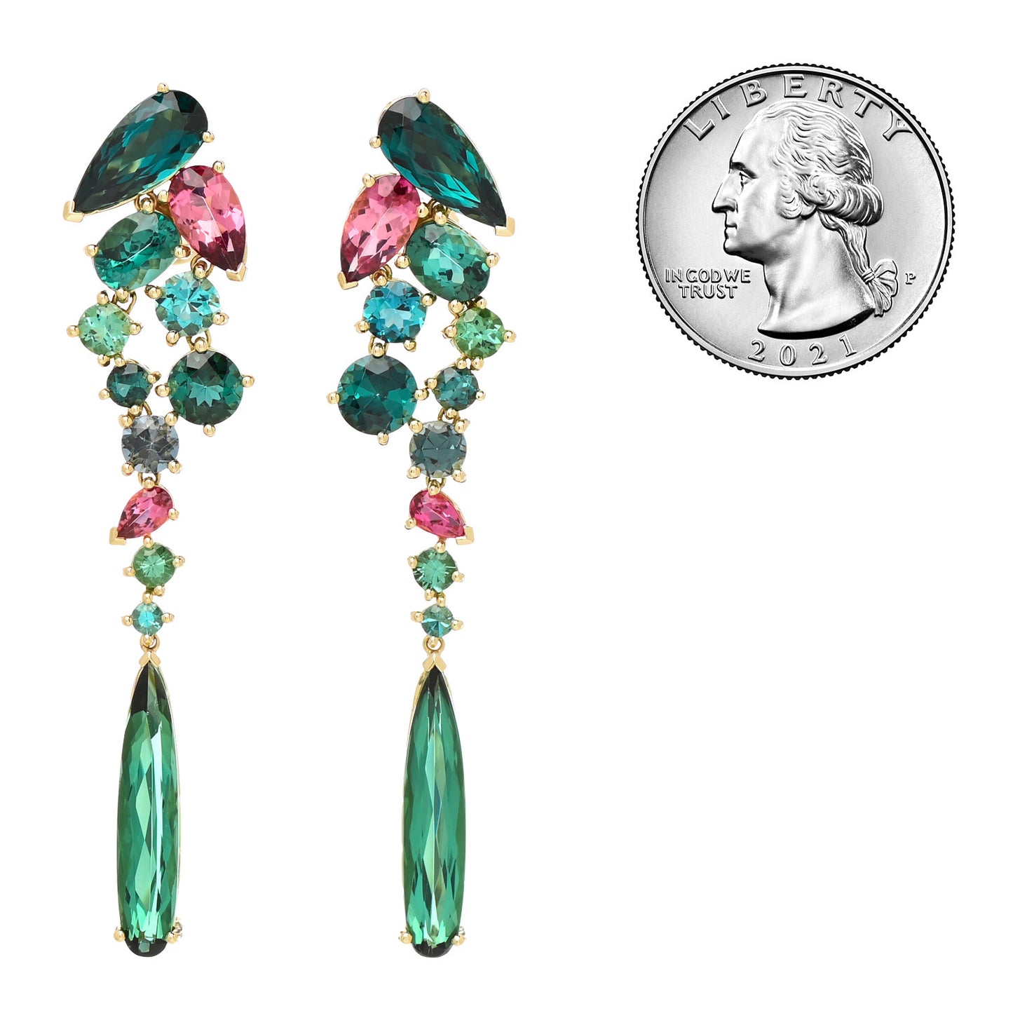 18K Yellow Gold Pink Green Tourmaline Cinta Drop Earrings