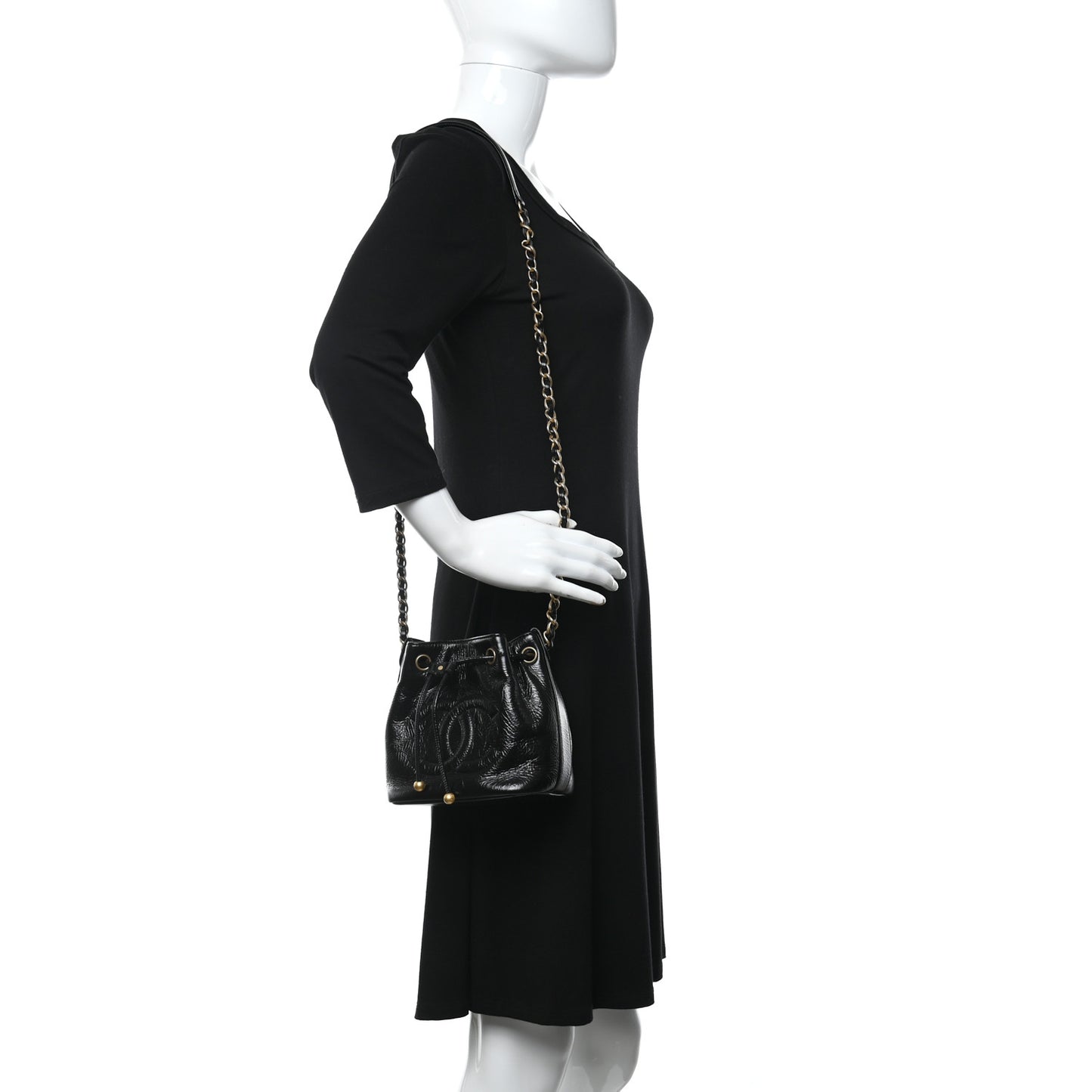 Shiny Aged Calfskin CC Chain Mini Drawstring Bag Black