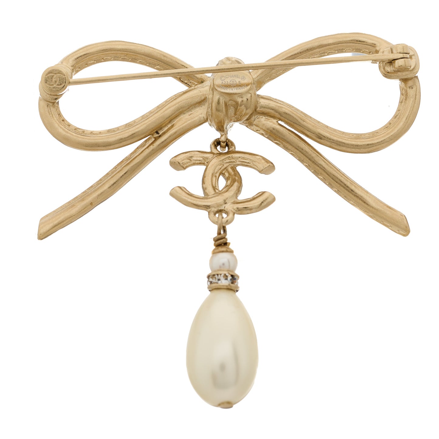 Pearl Crystal CC Bow Drop Brooch Gold