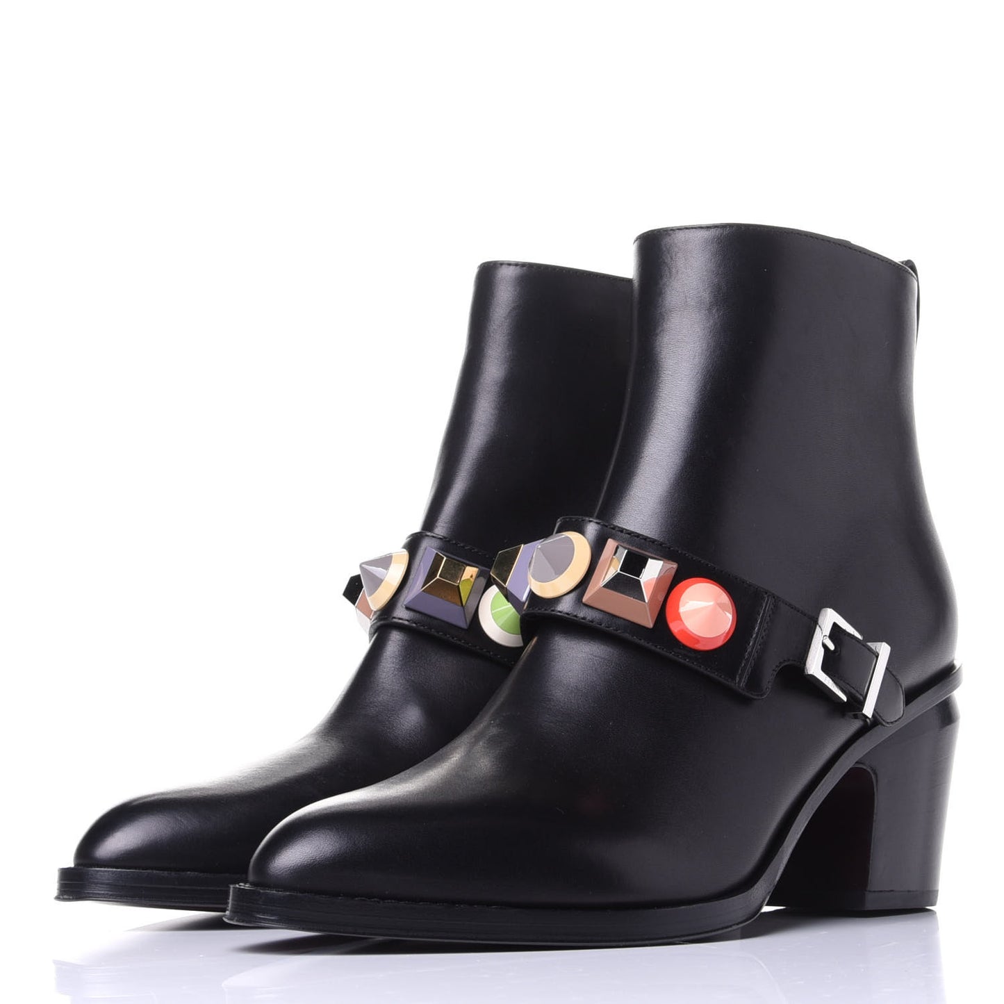 Calfskin Rainbow-Stud Ankle Boots 38.5 Black Multicolor