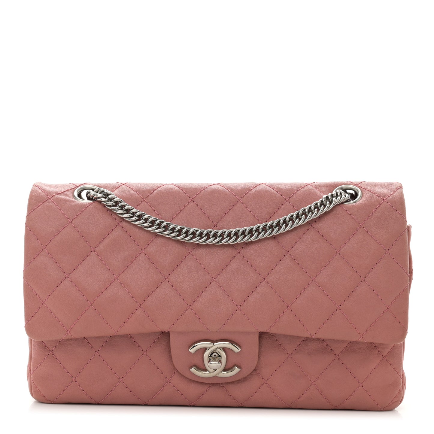 Washed Lambskin Quilted Medium Double Flap Bijoux Chain Pink