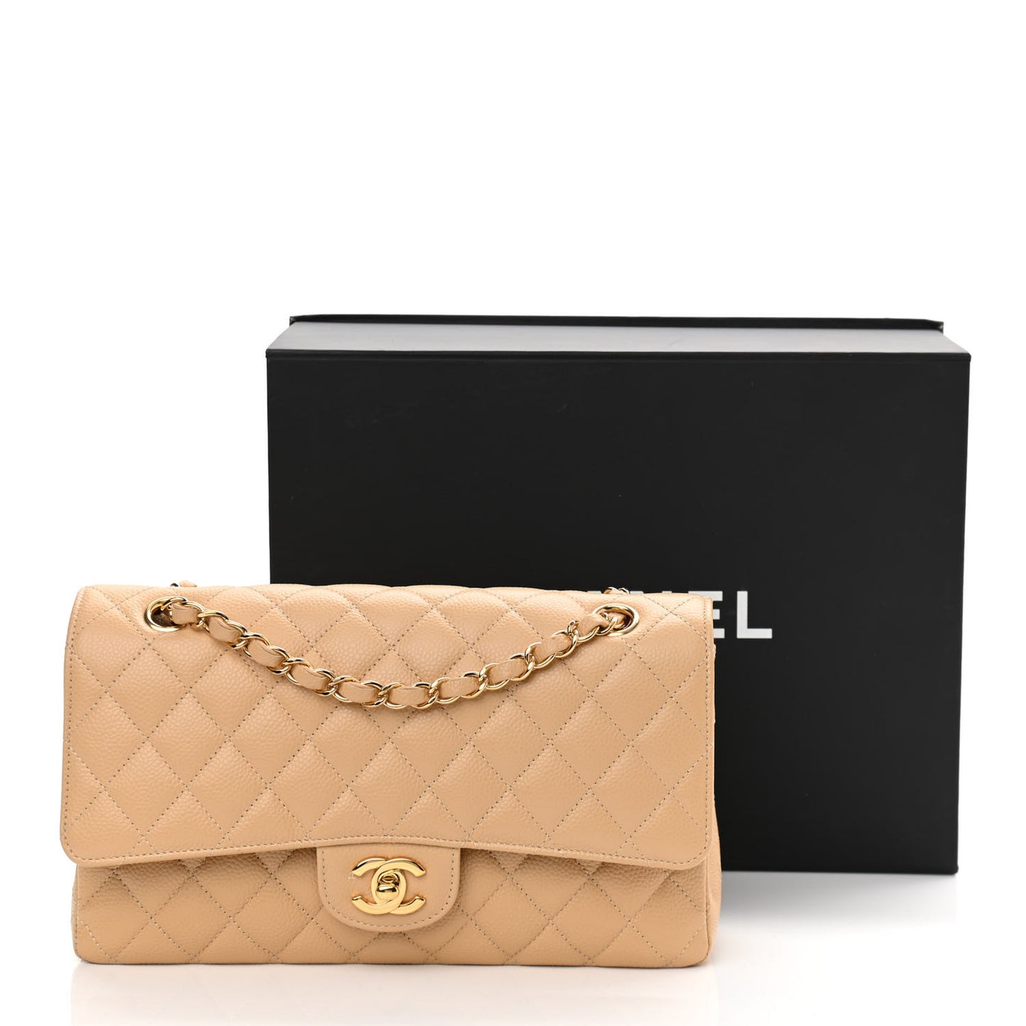 Caviar Quilted Medium Double Flap Beige Clair