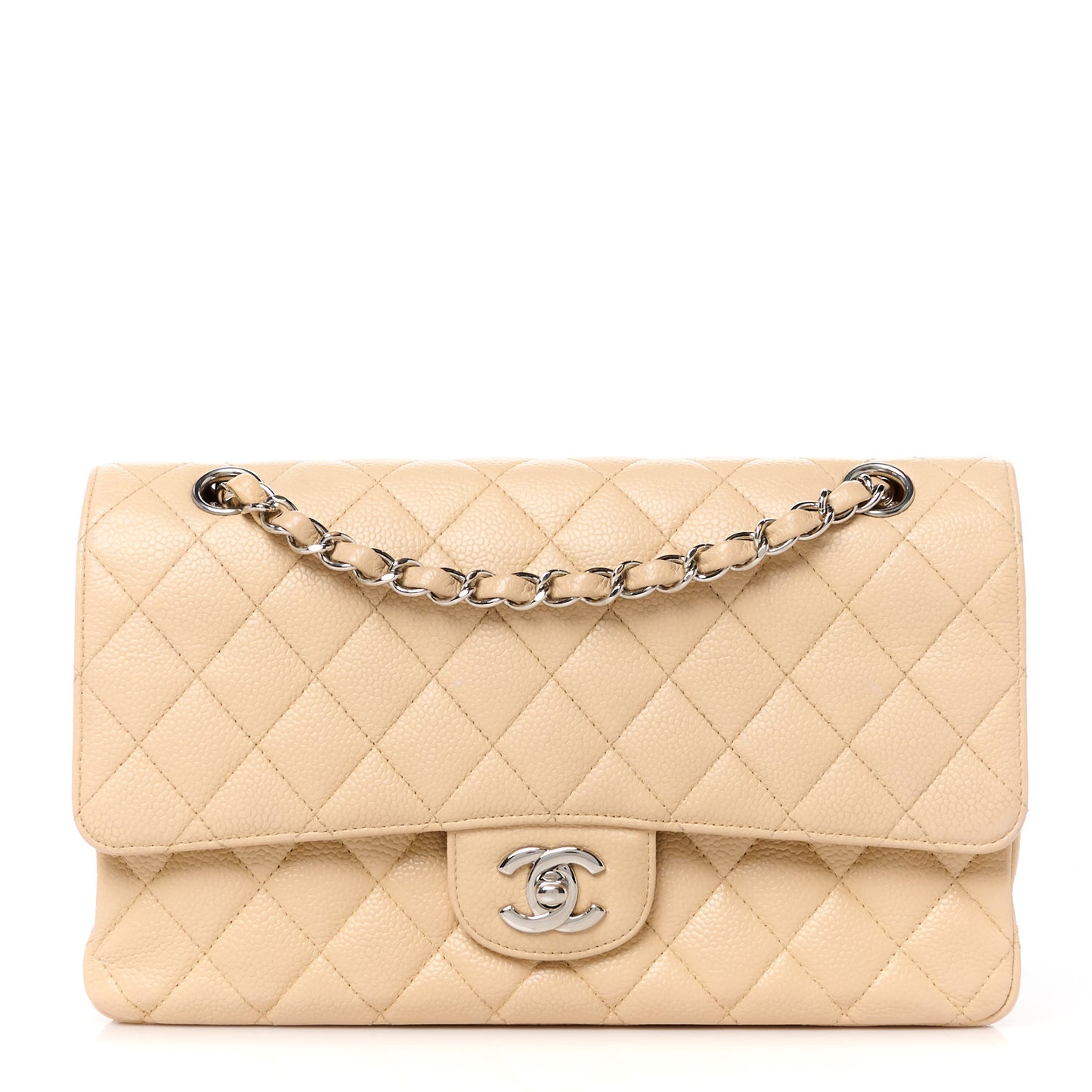 Caviar Quilted Medium Double Flap Beige