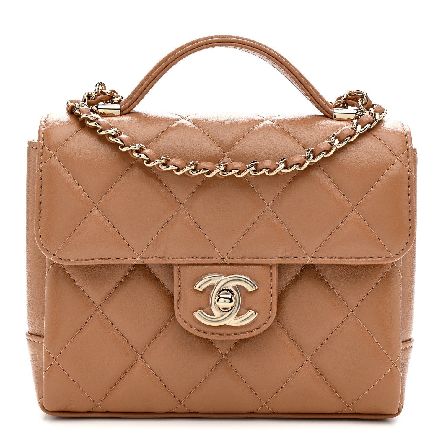 Chanel Lambskin Quilted Mini Retro Twist Top Handle Flap Beige