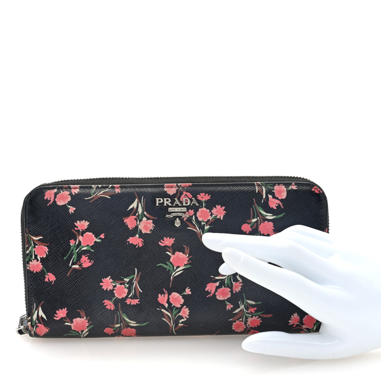 Saffiano Floral Print Zip Around Wallet Black