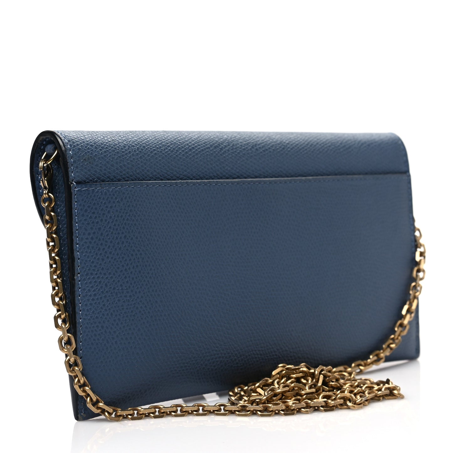 Grained Calfskin Saddle Chain Wallet Pouch Denim