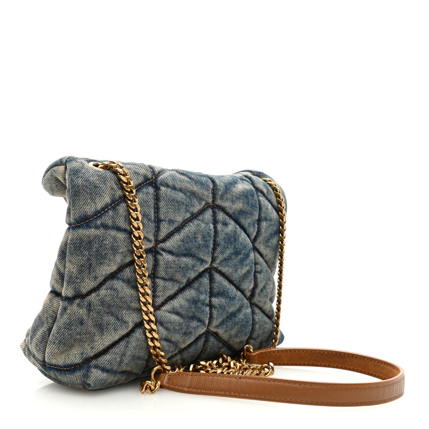 Denim Quilted Toy Loulou Puffer Monogram Chain Satchel Blue Cinnamon