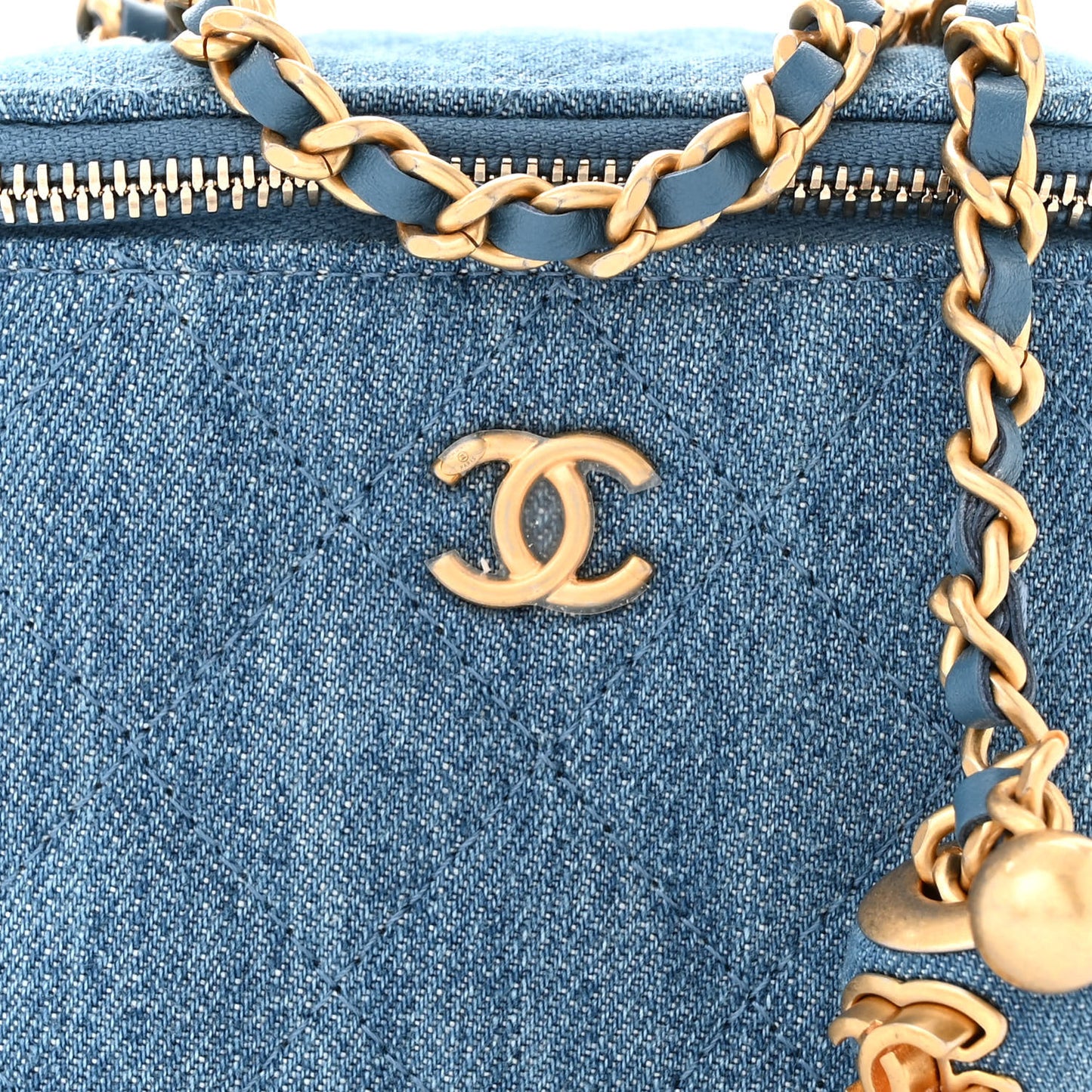 Denim Quilted Mini Pearl Crush Vanity Case With Chain