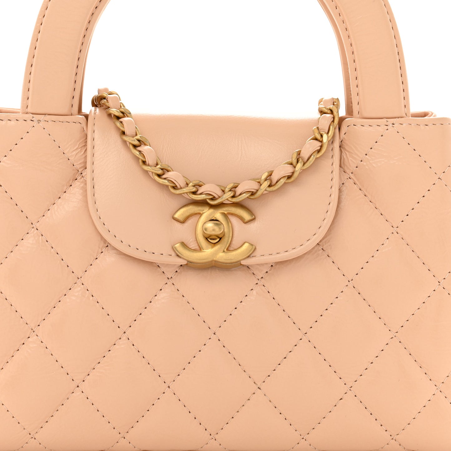 Shiny Aged Calfskin Quilted Nano Kelly Shopper Beige