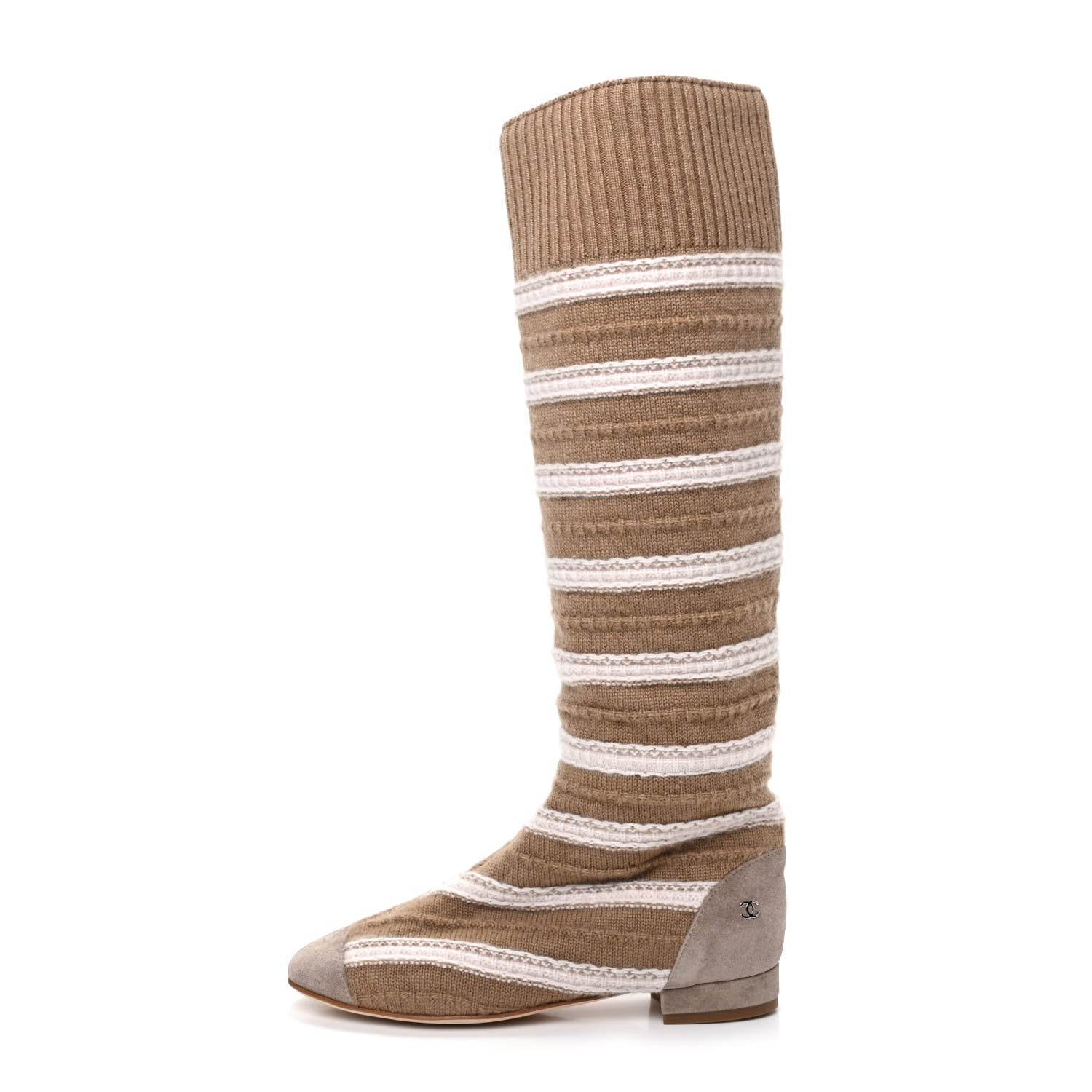 Chanel Knit Suede Stripe High Boots 36 Dark Beige White 1 of 6