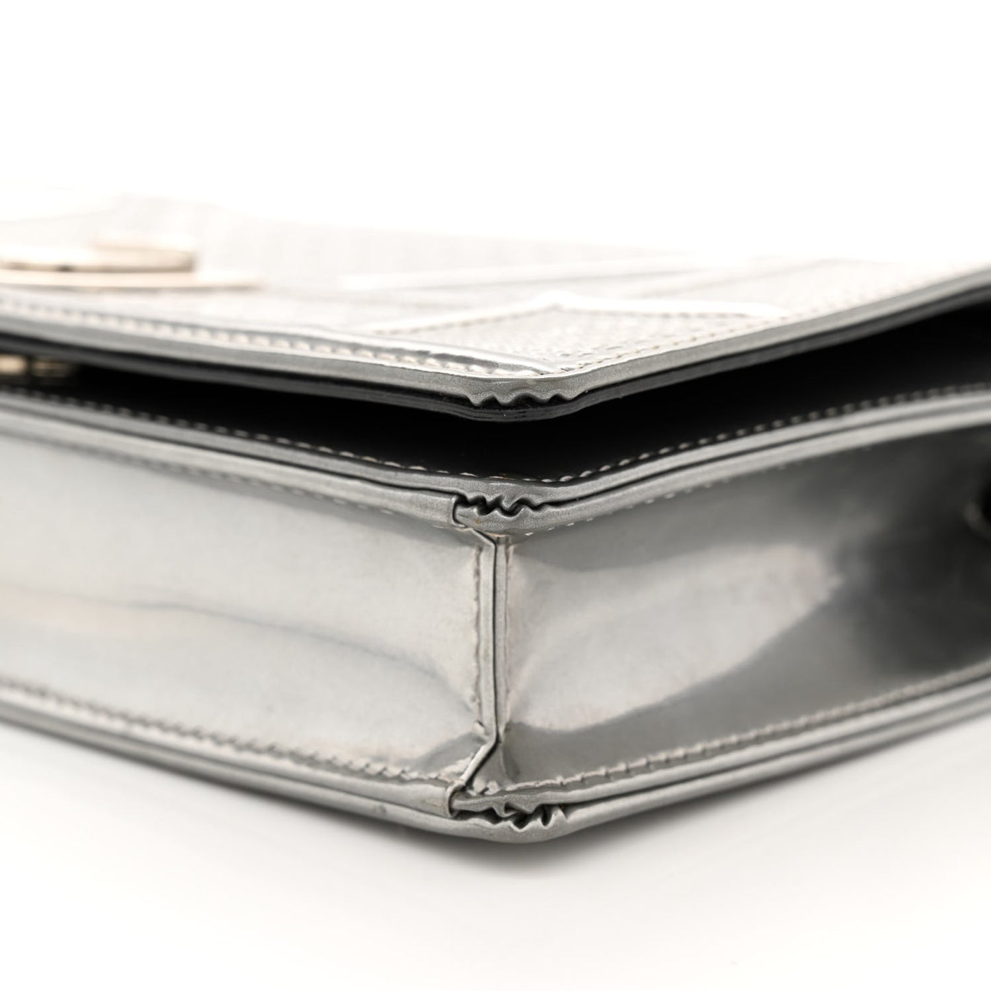 Metallic Patent Micro-Cannage Diorama Wallet on Chain Pouch Silver