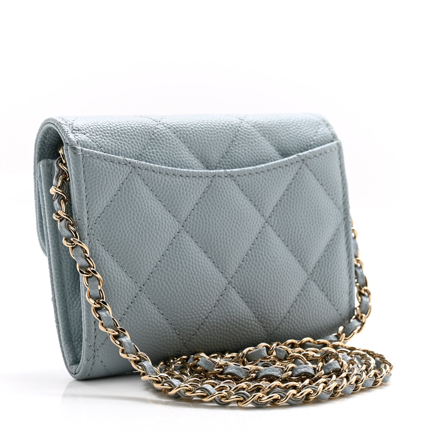 Caviar Quilted Flap Card Holder On Chain Light Blue