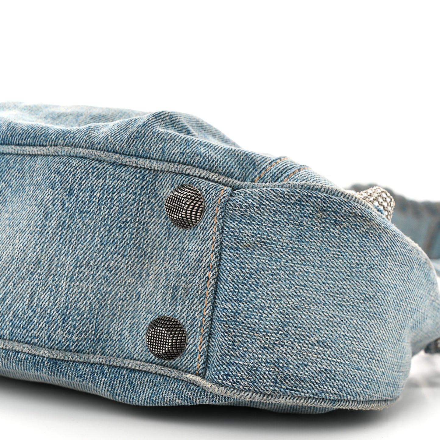 Washed Frayed Denim Crystal Small Le Cagole Shoulder Bag Blue
