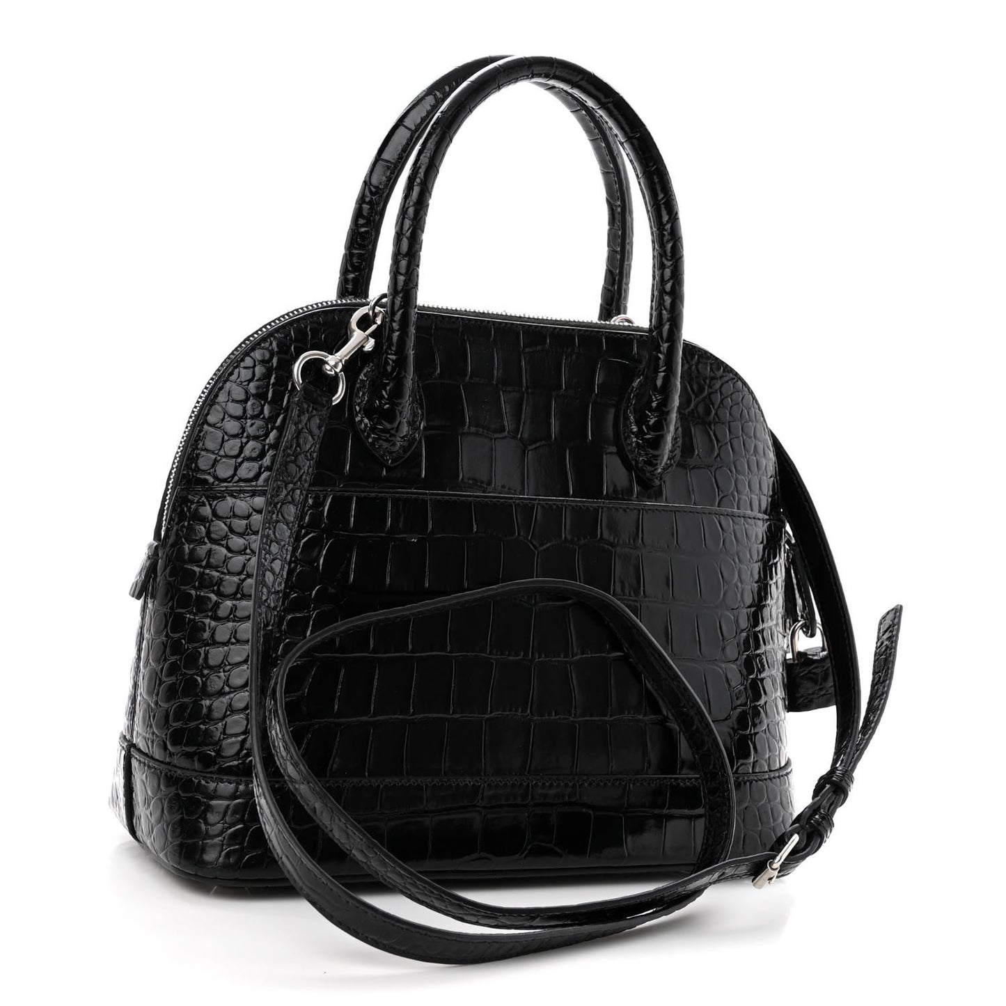 Shiny Calfskin Logo Crocodile Embossed S Ville Top Handle Bag Black White