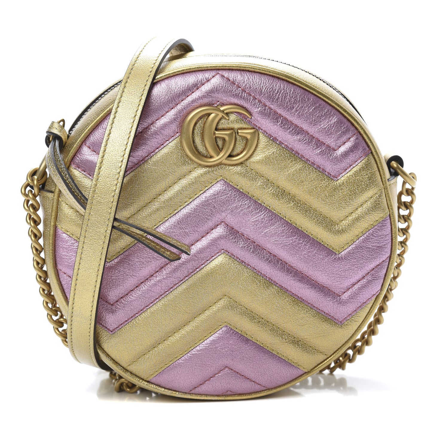 Metallic Calfskin Matelasse Mini GG Marmont Round Shoulder Bag Gold Pink