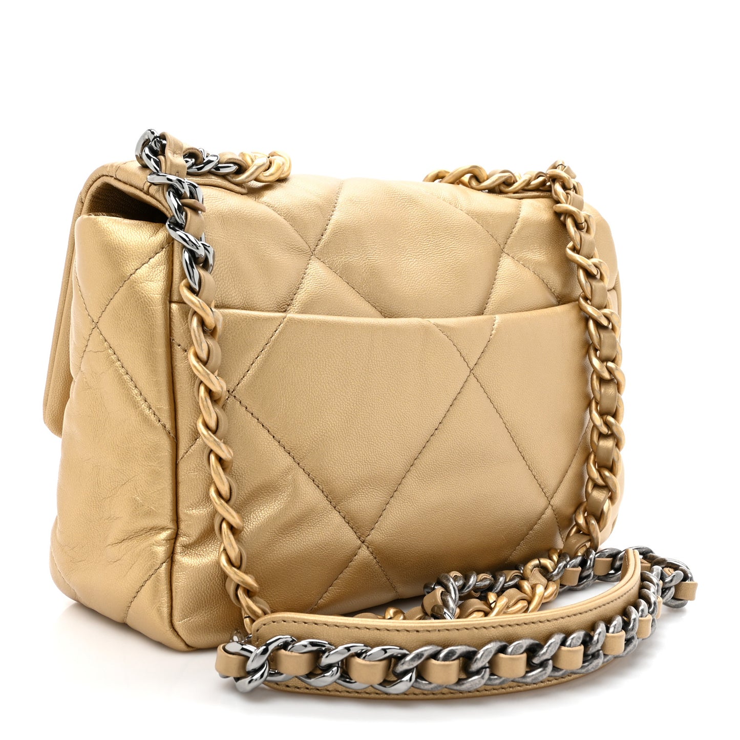 Metallic Goatskin Quilted Medium Chanel 19 Flap Gold