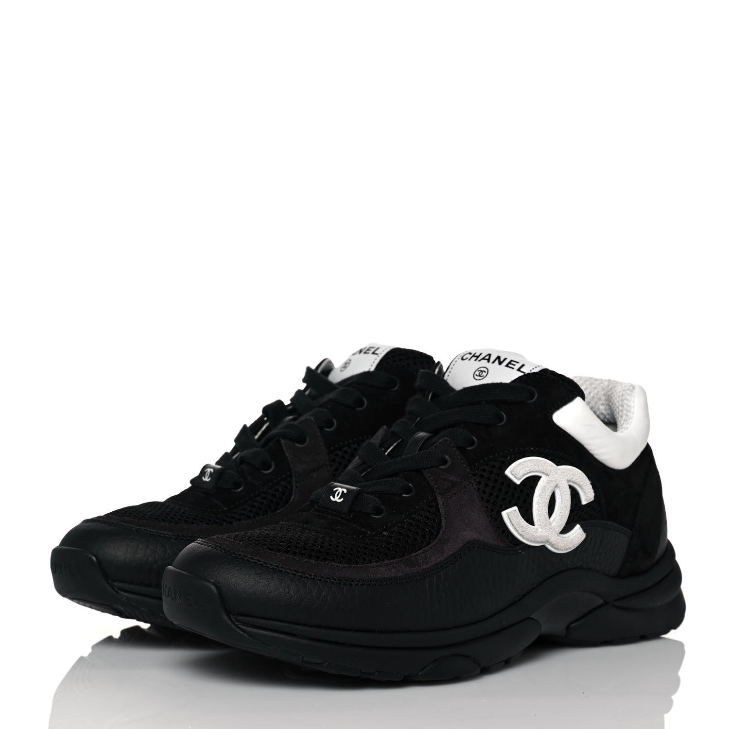 Chanel Mesh Suede Grained Calfskin Womens CC Sneakers 39 Black White 3 of 7