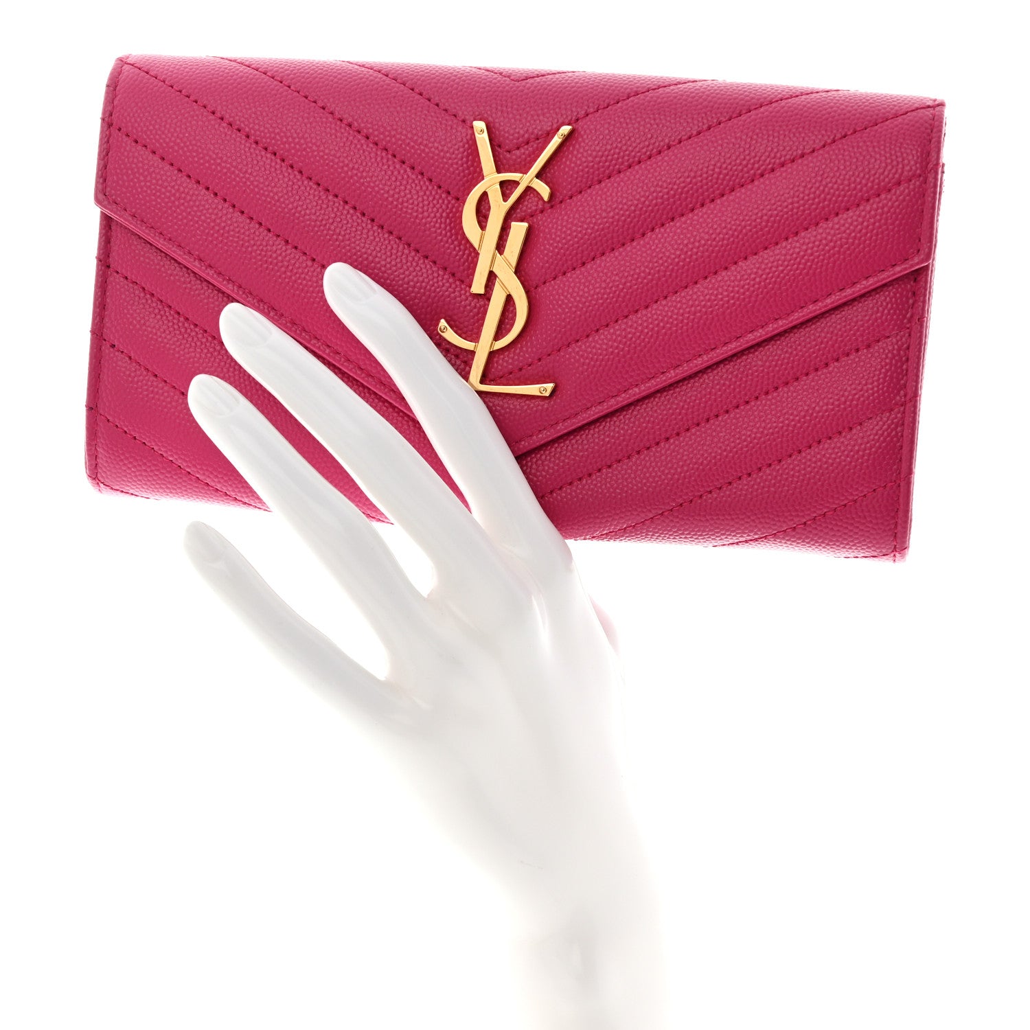 Saint Laurent Grain De Poudre Matelasse Chevron Monogram Flap Wallet Fuxia 2 of 11