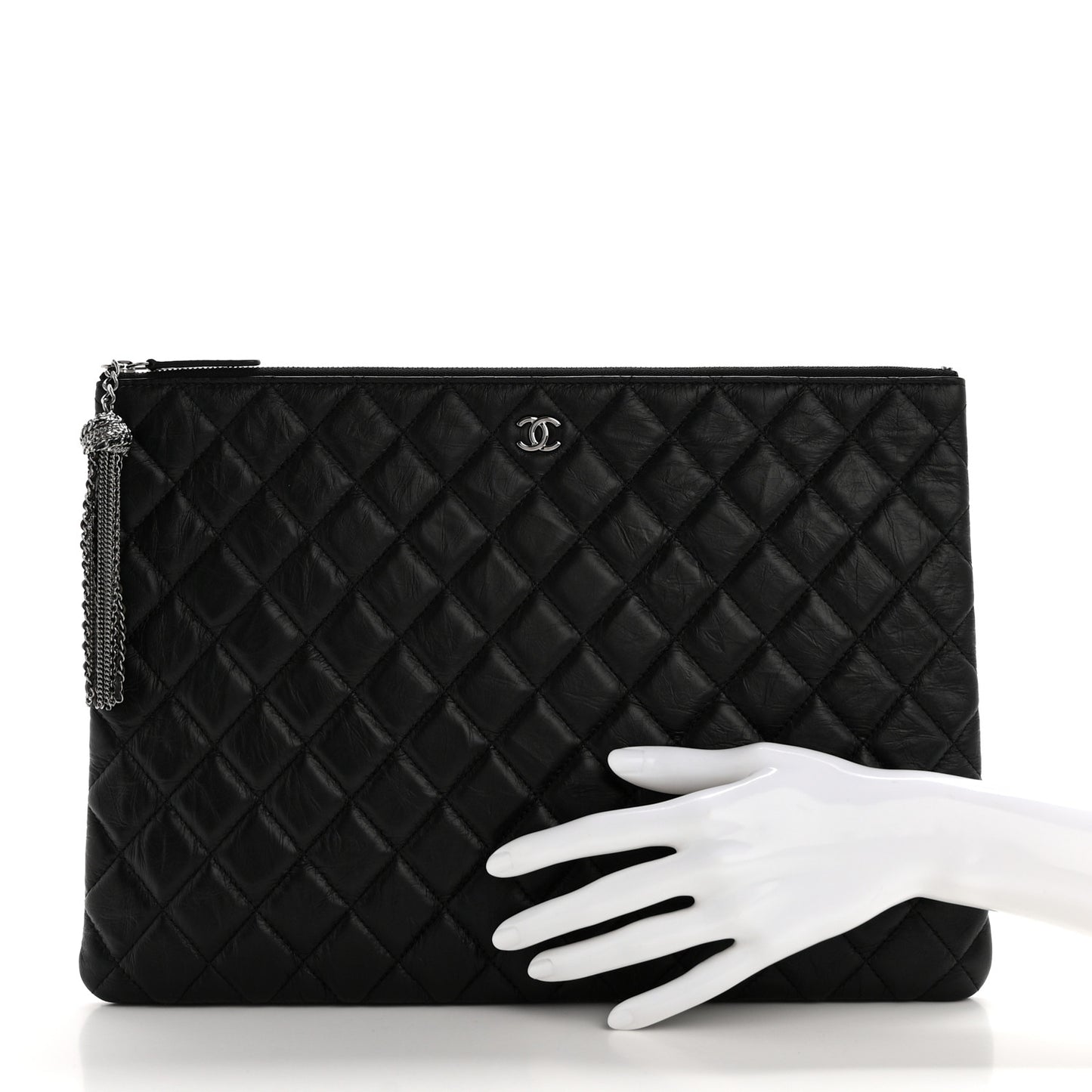 Aged Calfskin Quilted Large Tassel Cosmetic Case Black