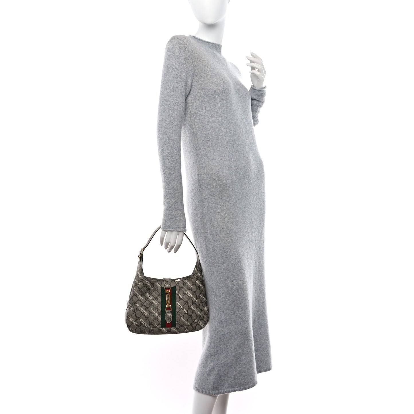 X BALENCIAGA GG Supreme Monogram Striped Logo Print Web Small Jackie 1961 Hobo Beige Ebony Mystic White