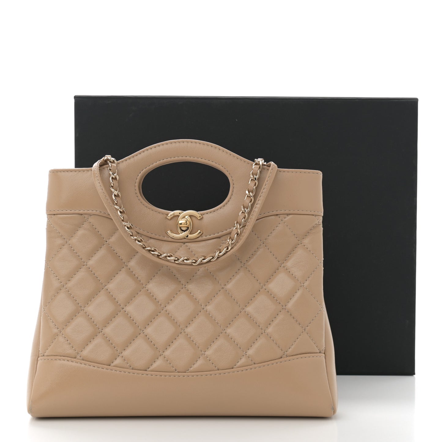 Shiny Crumpled Calfskin Quilted Mini 31 Shopping Bag Dark Beige