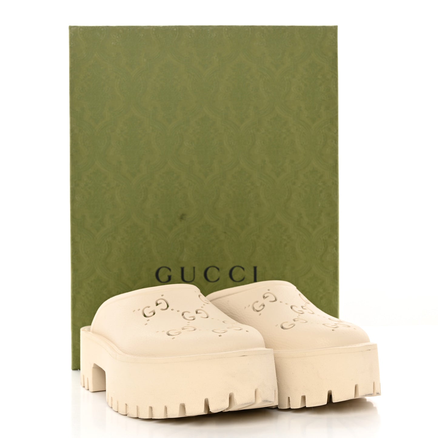 Rubber GG Monogram Perforated Elea Platform 55mm Lug Sole Sandals 39 Mystic White