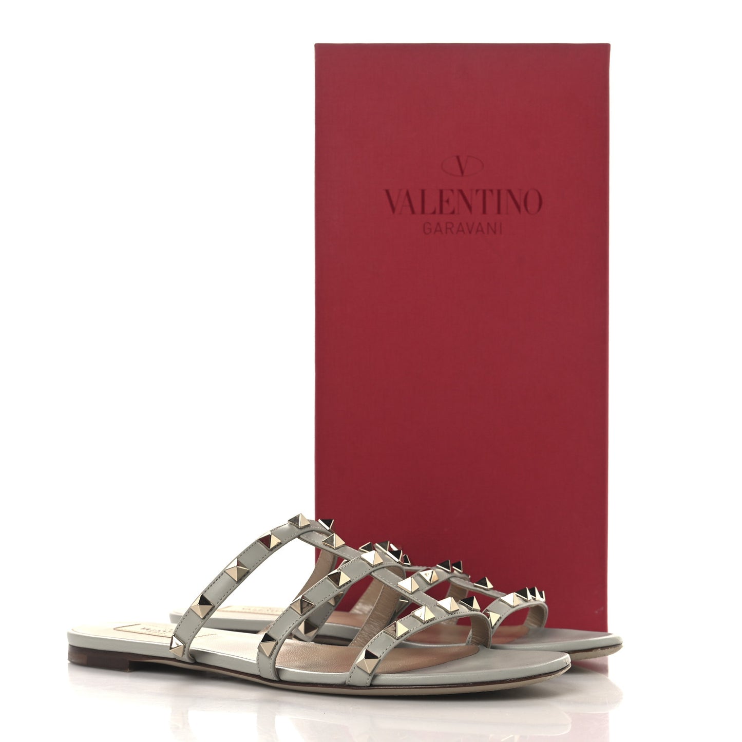 Nappa Rockstud Caged Flat Slide Sandals 38 Grey