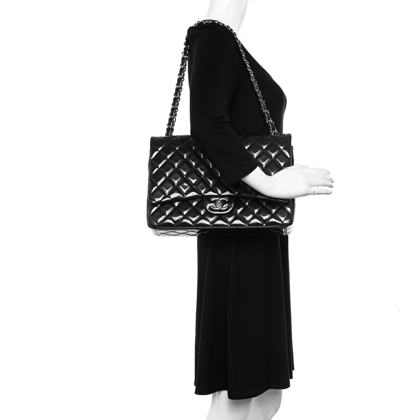 Striated Patent Quilted Maxi Double Flap Black