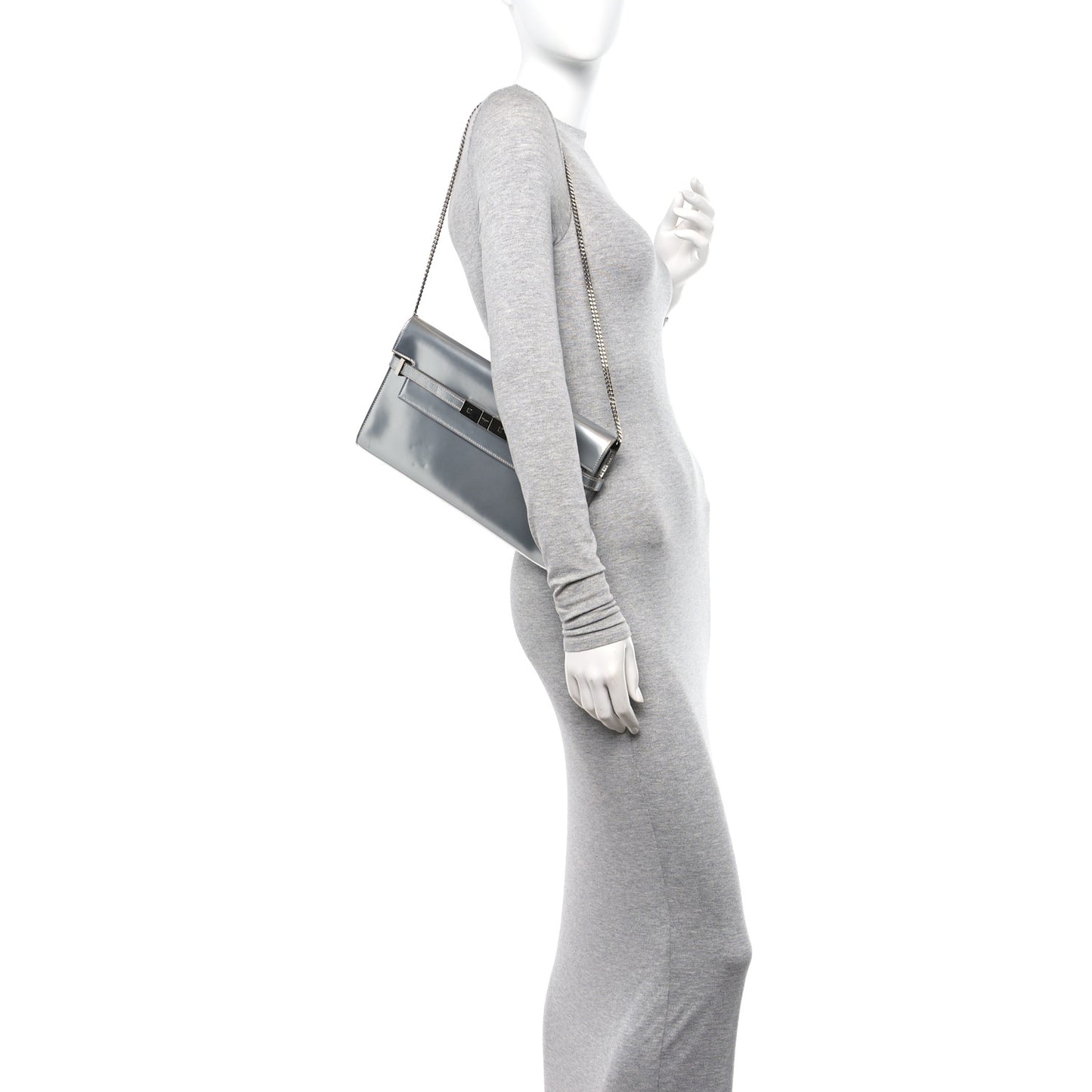 Metallic Calfskin Manhattan Chain Clutch Metal Argento