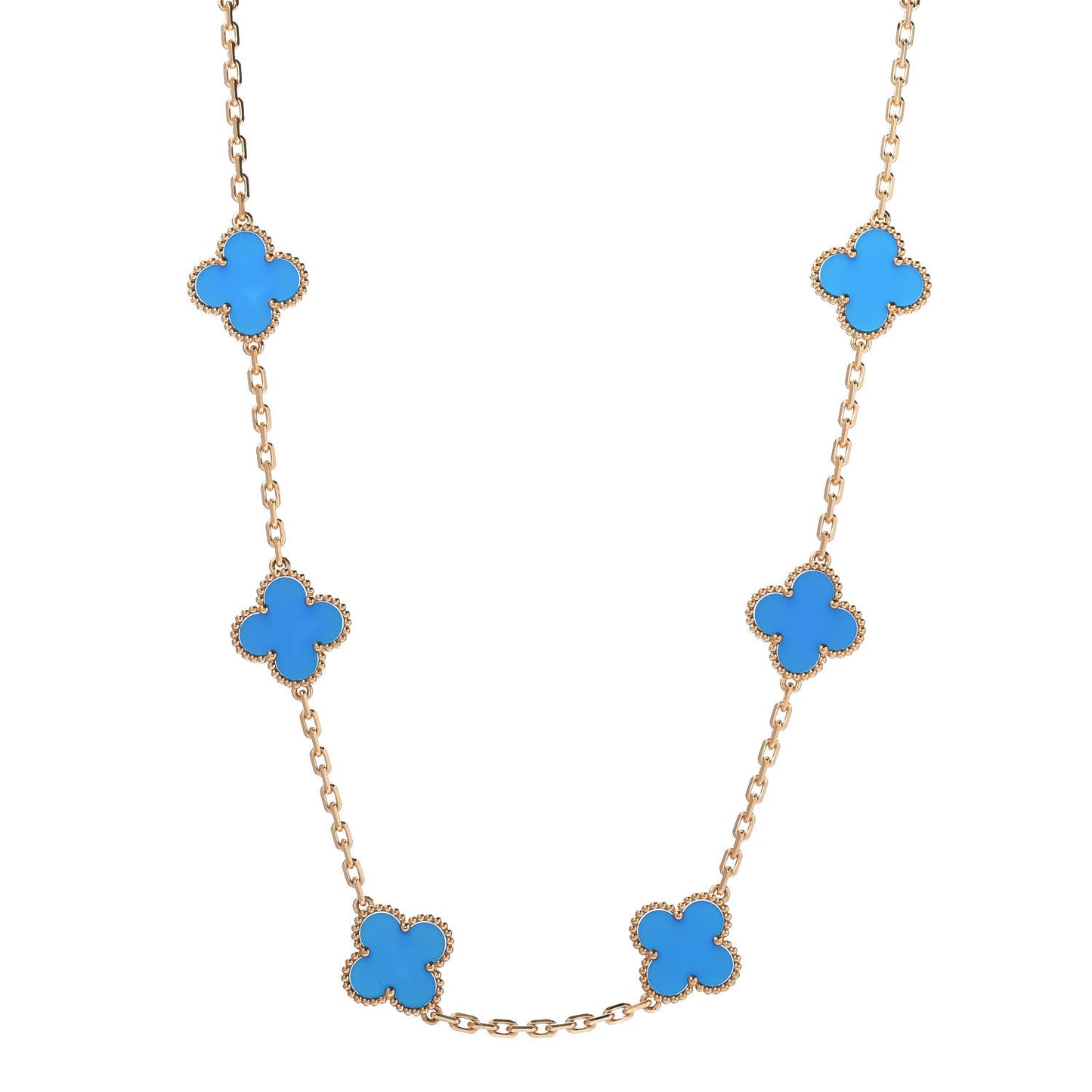 18K Yellow Gold Blue Agate 10 Motifs Vintage Alhambra Necklace