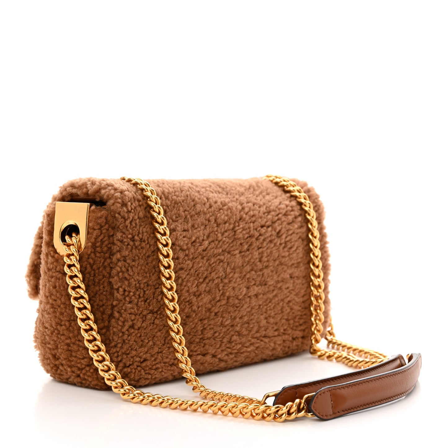 Shearling Lambskin Midi Chain Baguette Caramello