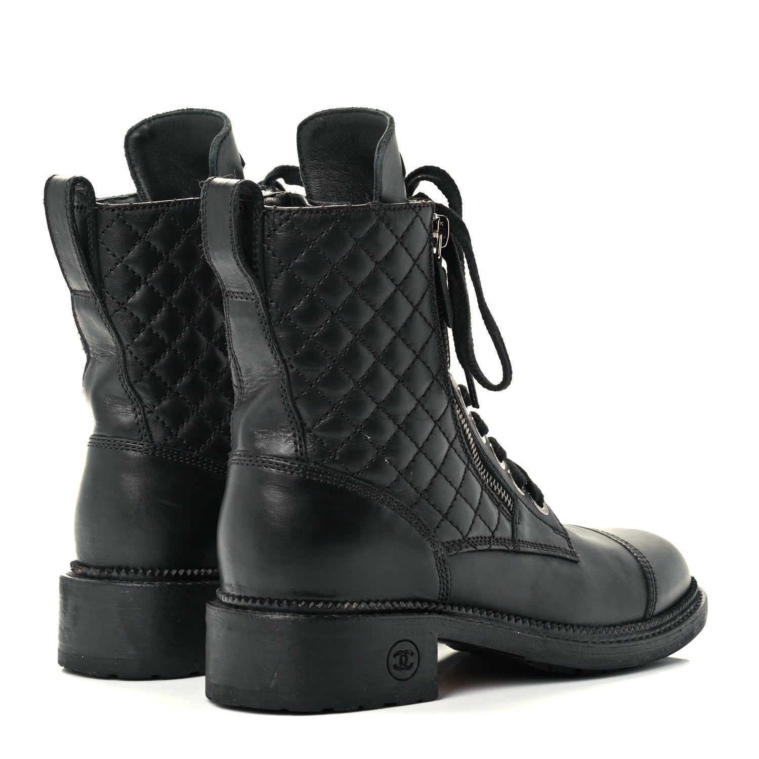Chanel Calfskin Quilted Lace Up Combat Boots 36.5 Black 4 of 10