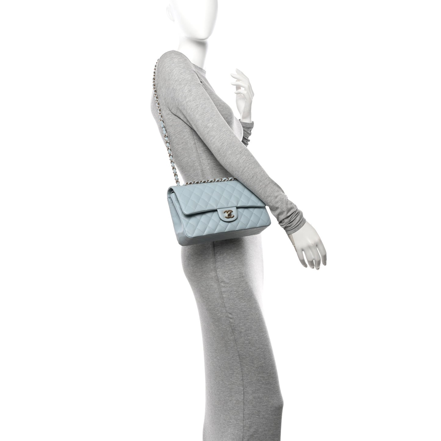 Caviar Quilted Medium Double Flap Light Blue