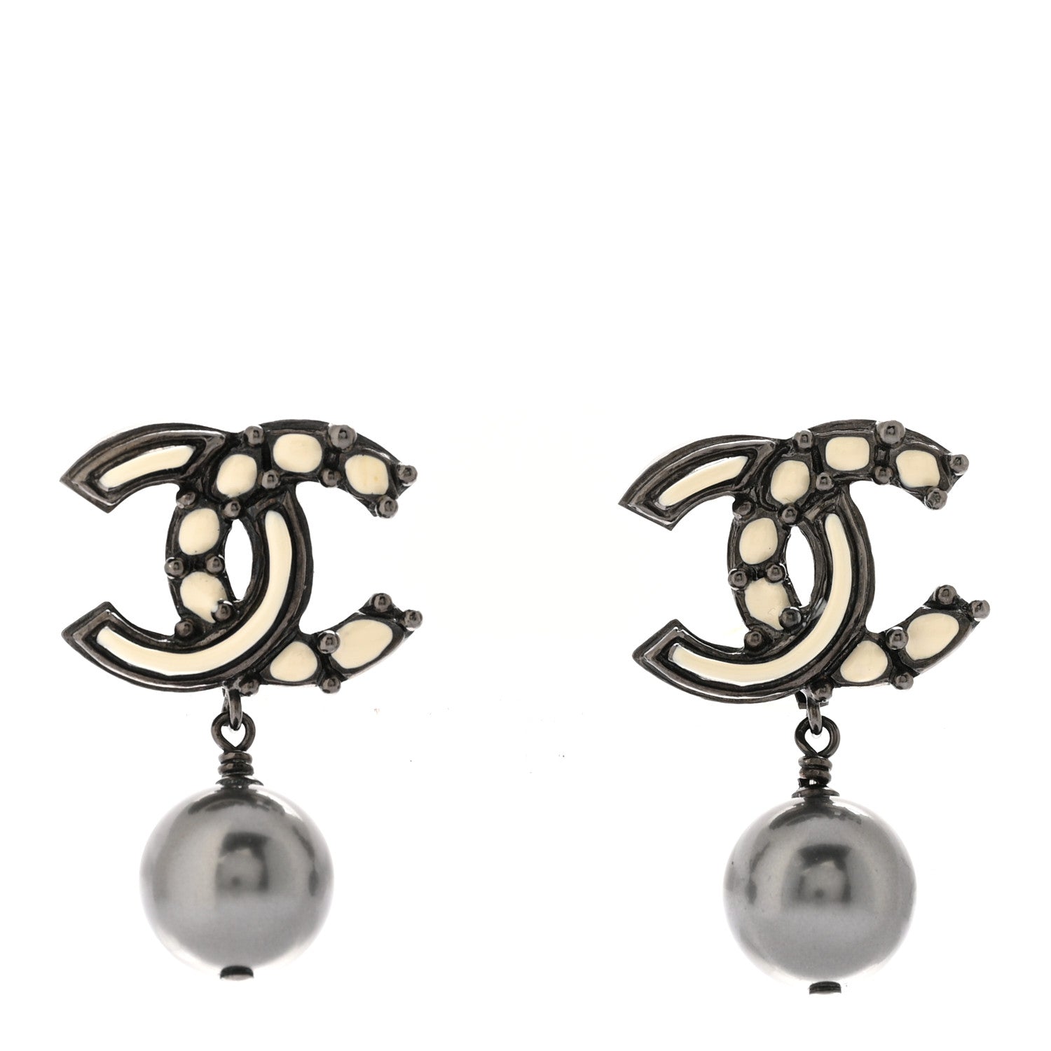 Chanel Enamel Bead CC Drop Clip On Earrings Ruthenium White 1 of 6