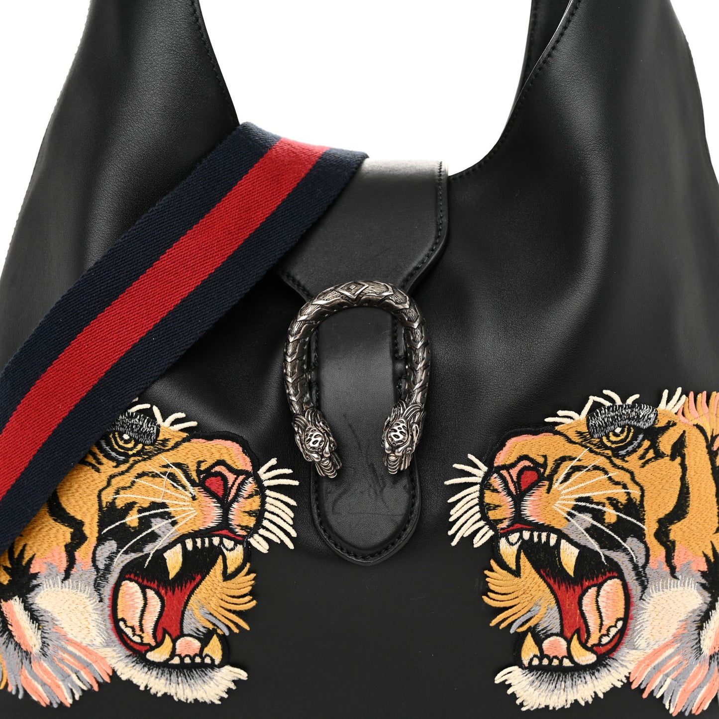Calfskin Web Tiger Embroidered Large Dionysus Hobo Black