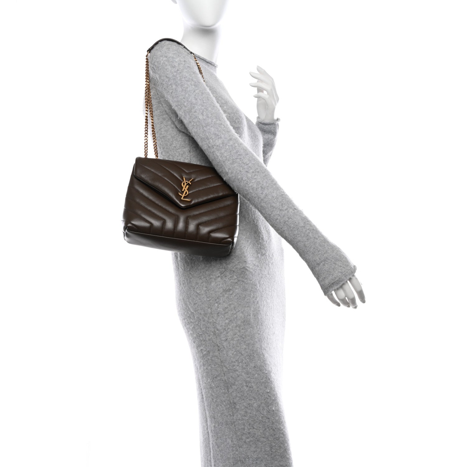 Saint Laurent SAINT LAURENT Calfskin Y Quilted Monogram Small Loulou Chain Satchel Soil Brown 2 of 10