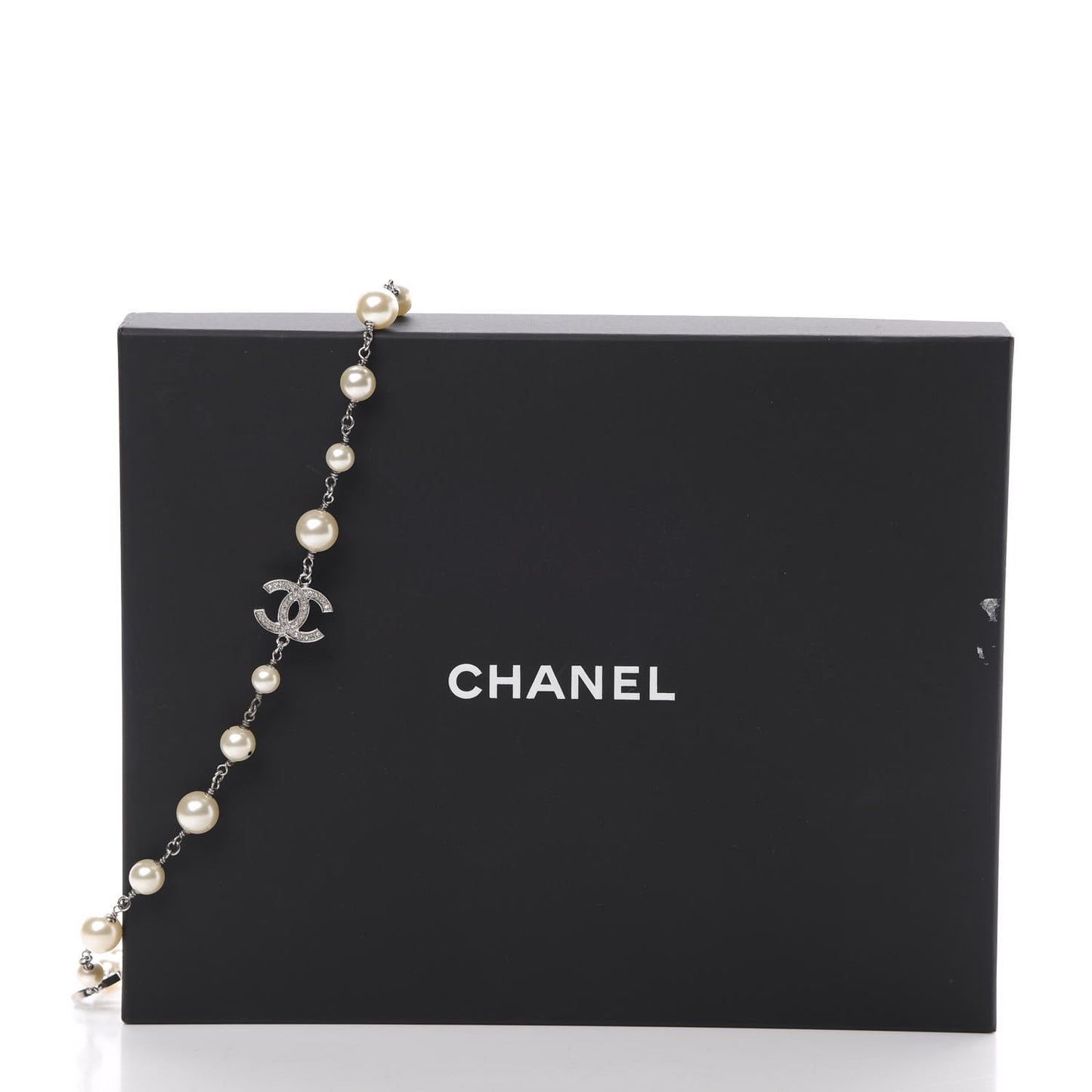 Crystal Pearl CC Long Necklace Silver