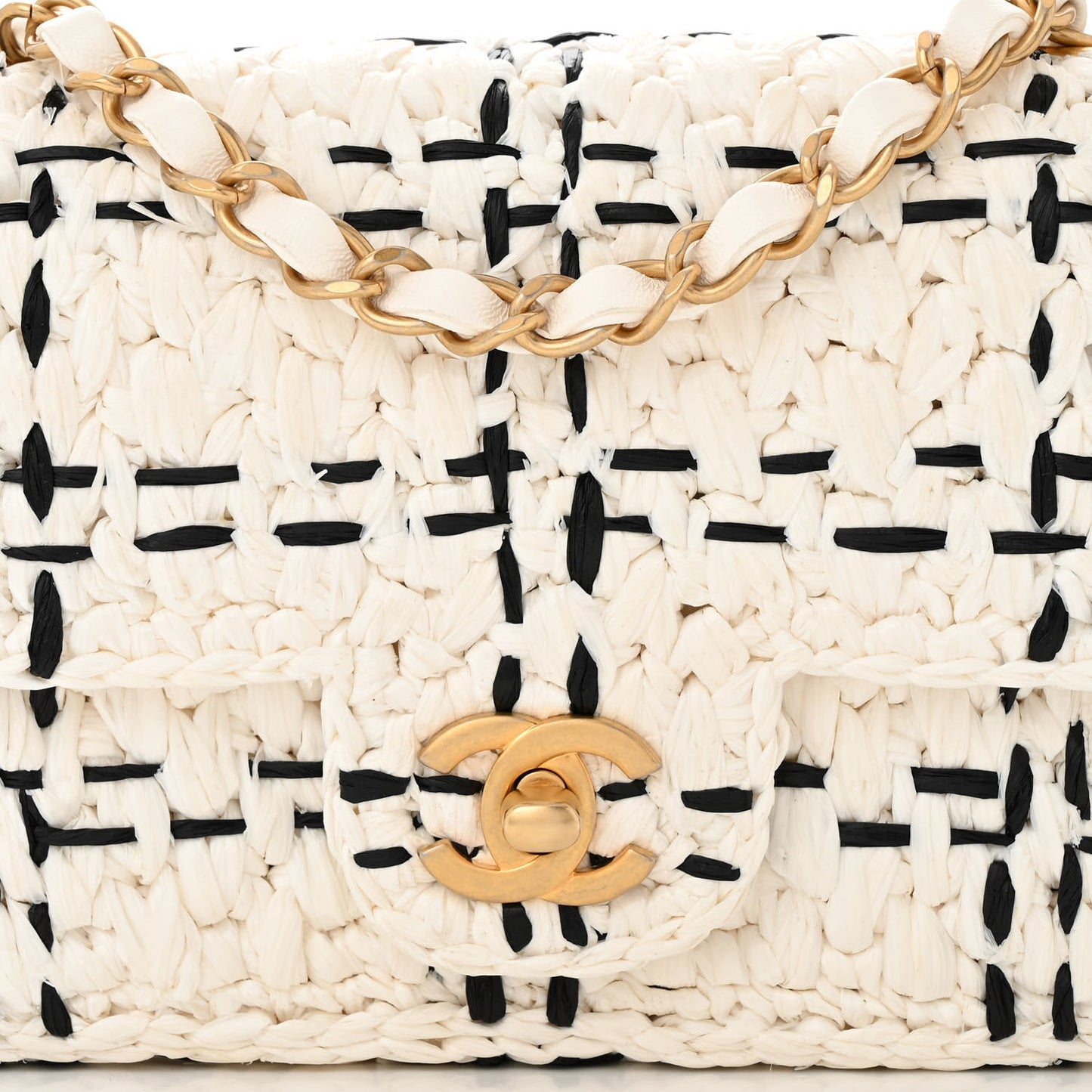 Raffia Effect Tweedy Mini Flap Bag White Black