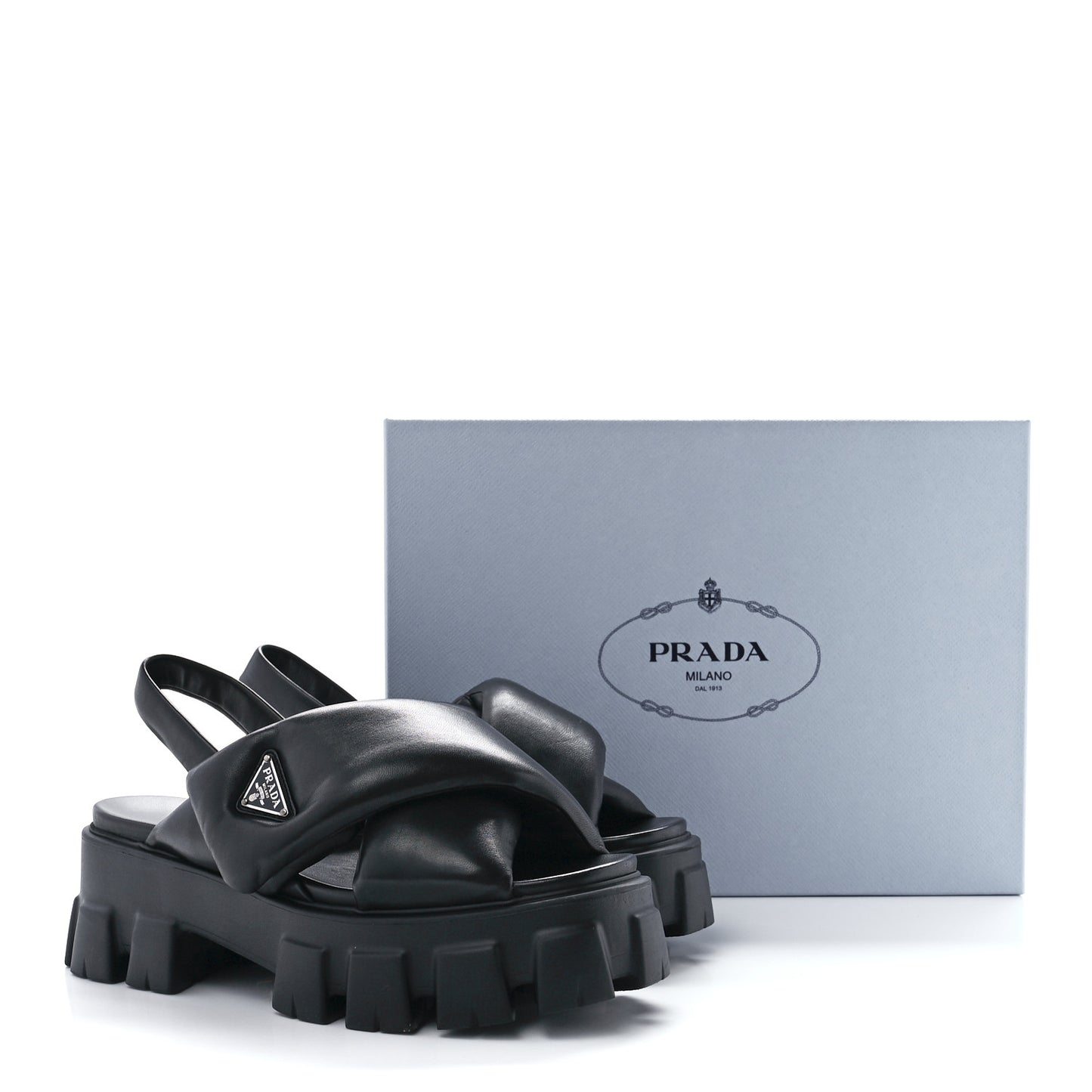 Nappa Soft Metal Triangle Logo Padded Monolith 55mm Slingback Sandals 39 Black