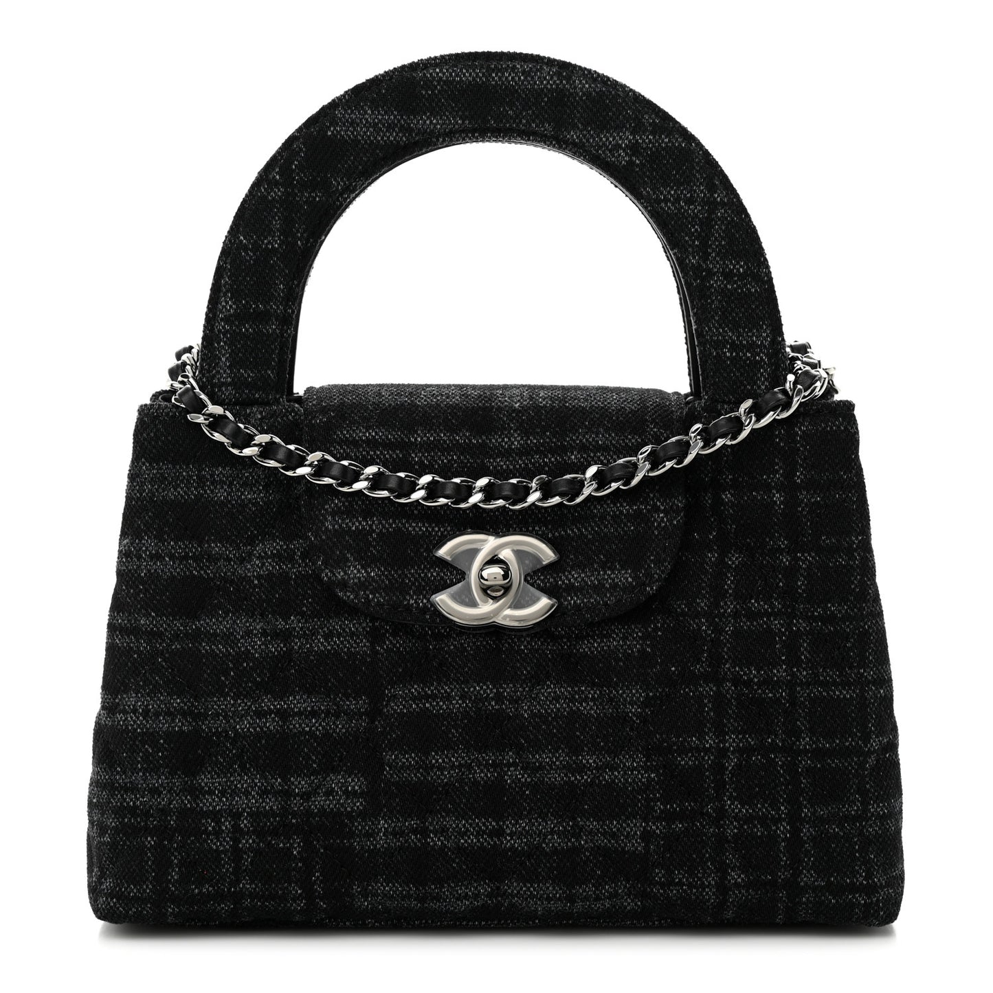 Printed Denim Quilted Nano Kelly Shopper Black Grey