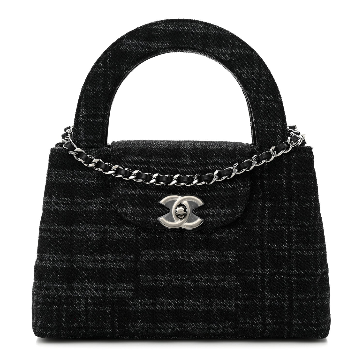 Chanel Printed Denim Quilted Nano Kelly Shopper Black Grey 1 of 11