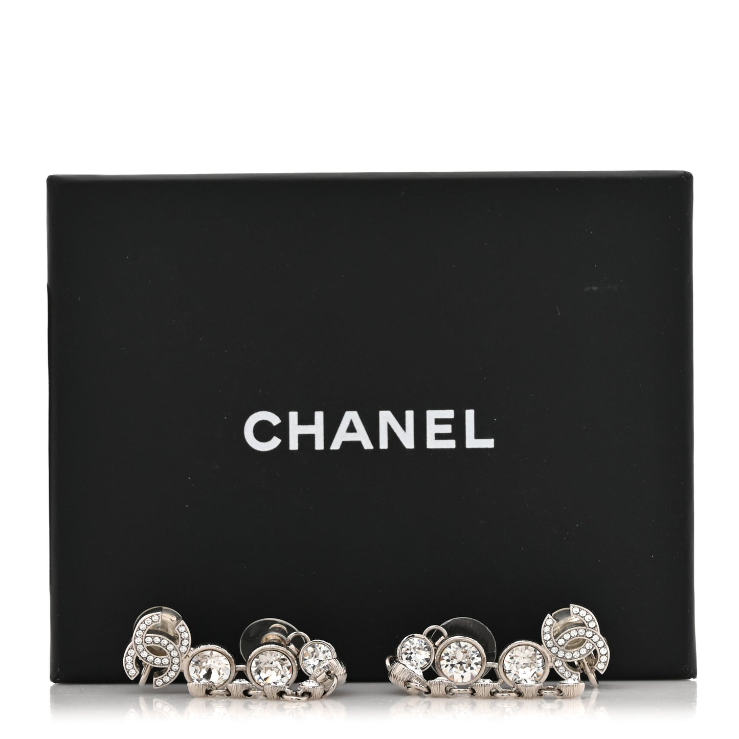 Crystal CC Long Drop Earrings Silver