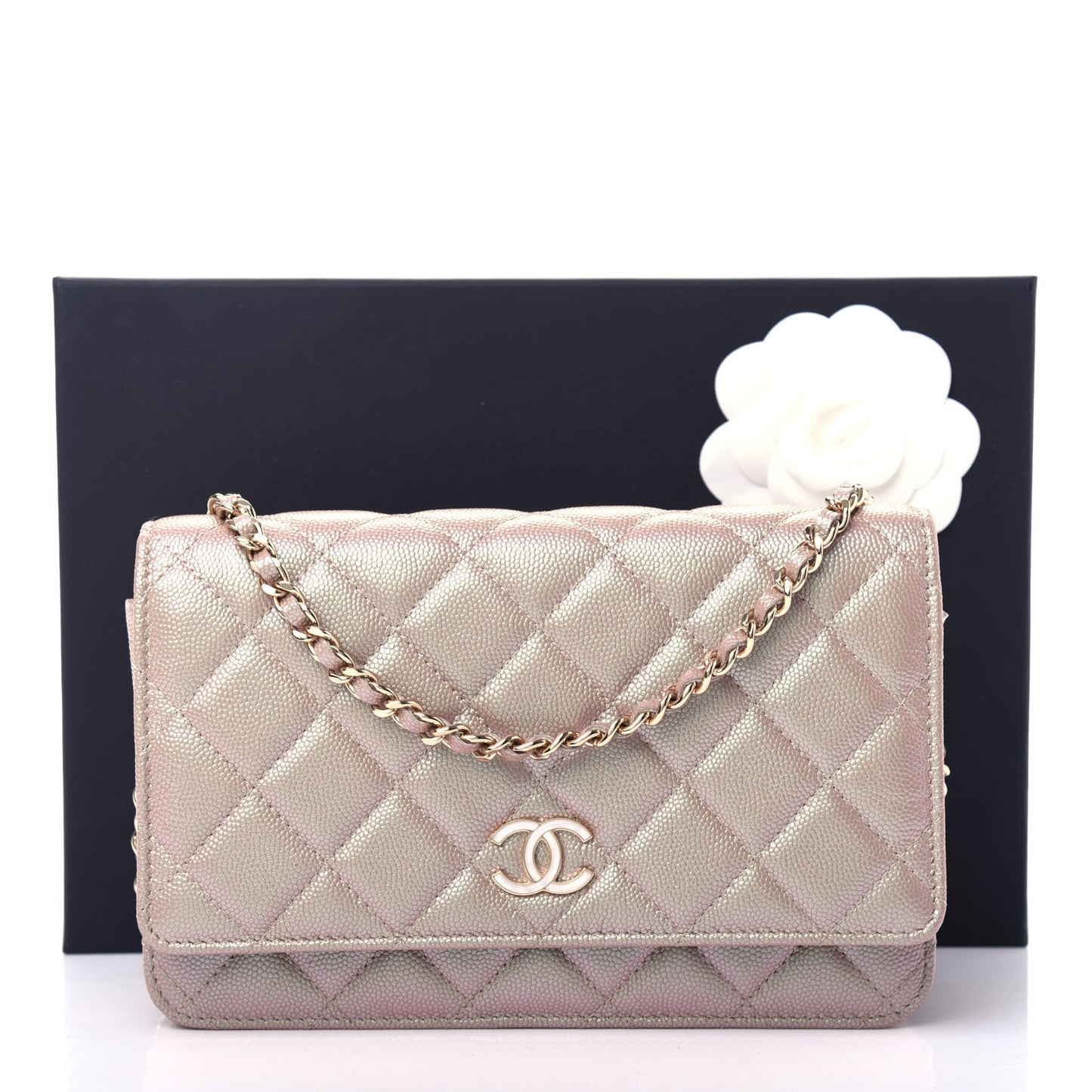 Iridescent Caviar Quilted Wallet On Chain WOC Beige
