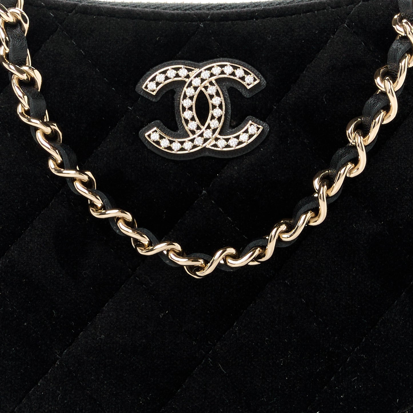 Velvet Crystal Quilted Chain Hobo Black