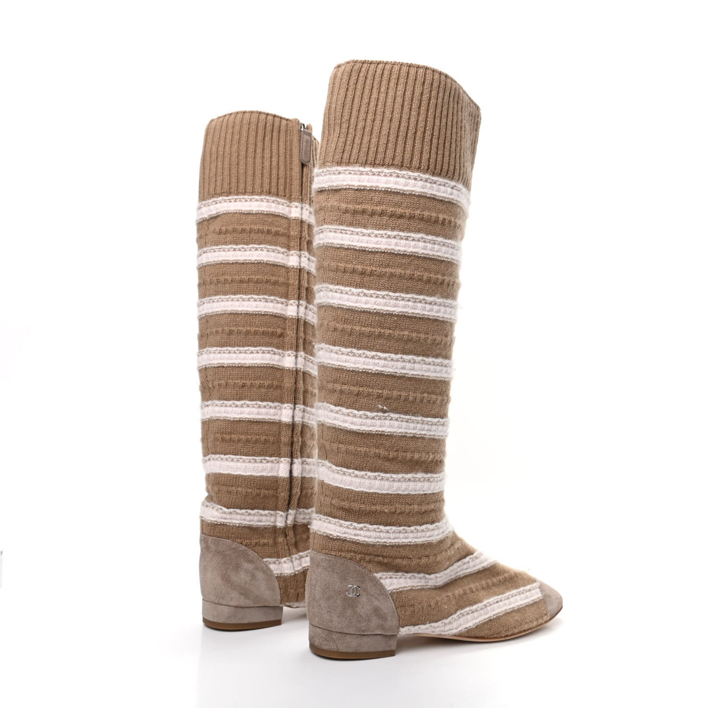 Knit Suede Stripe High Boots 36 Dark Beige White