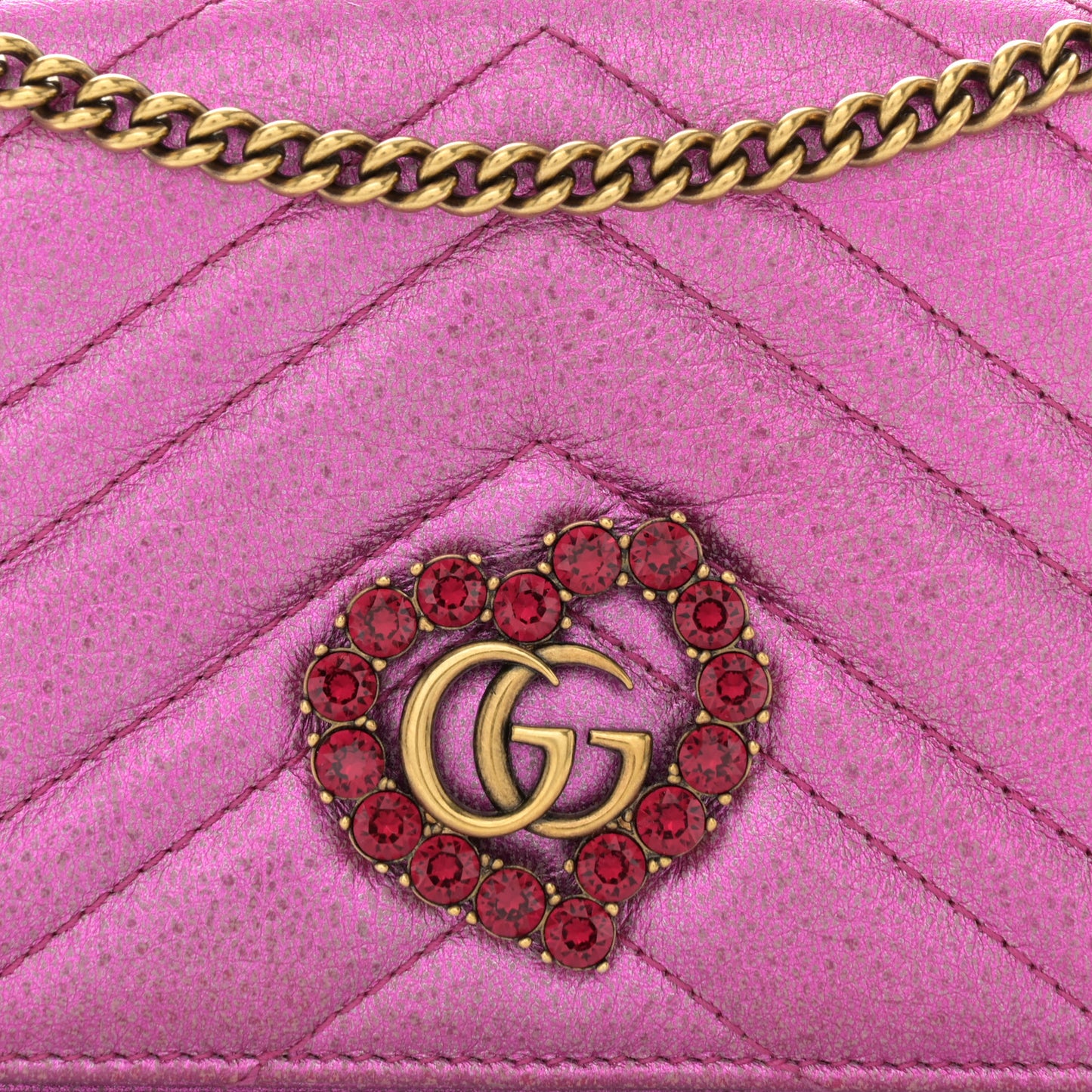 Metallic Calfskin Matelasse Crystal GG Marmont Mini Bag Fuchsia